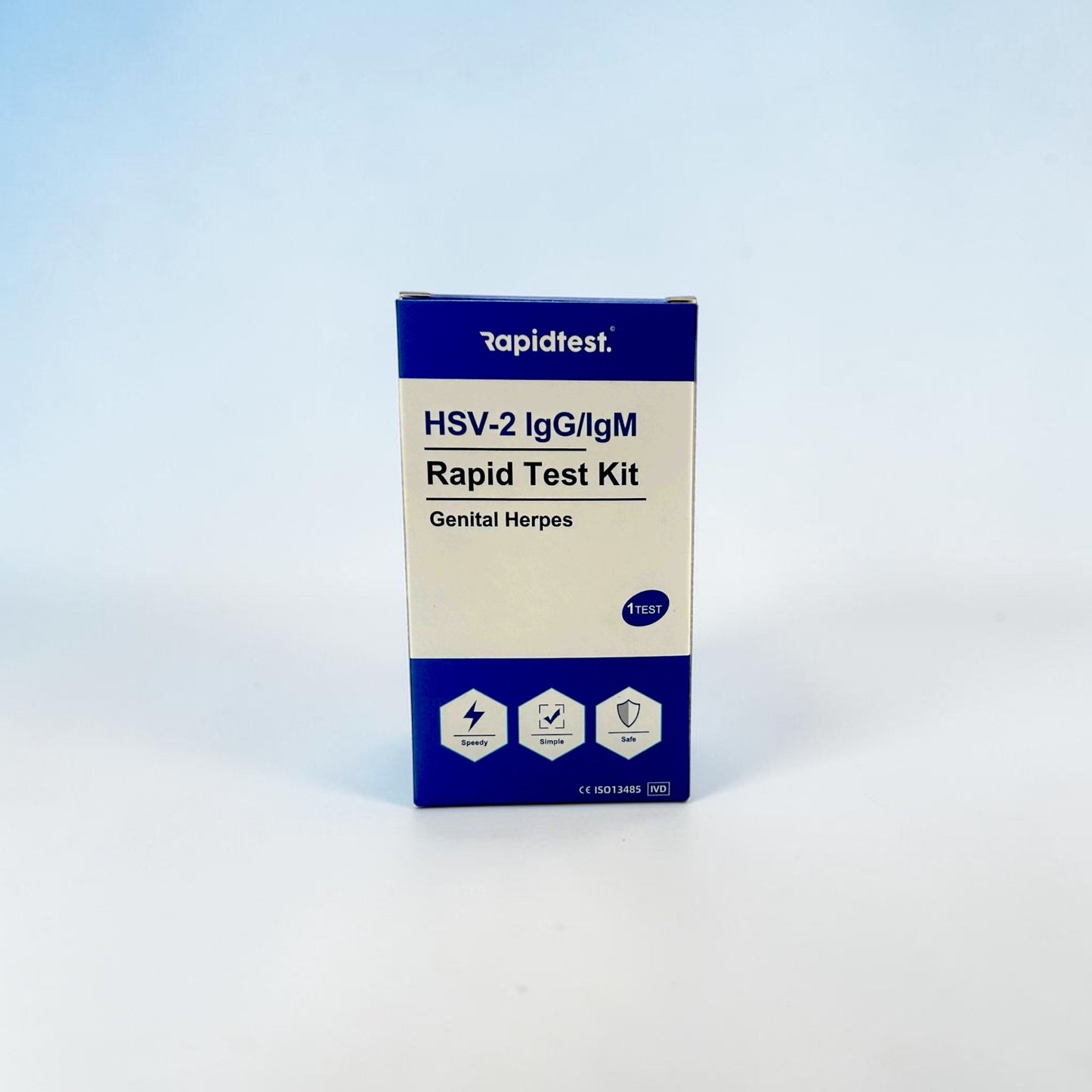 HSV-2 IgG/IgM Rapid Test Kit packaging on a gradient background. Test at home for genital herpes and get the results in 15 minutes - rapidtest.co