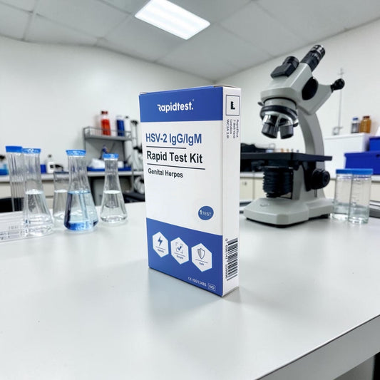 Rapid test kit for HSV-2 IgG/IgM Rapid Test Kit on a laboratory counter with a microscope and beakers. Buy an at-home genital herpes test kit