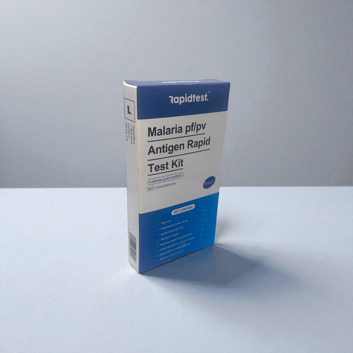 Malaria pfipv Antigen Test Kit box with 'STIhealthcheck' branding on a gray background