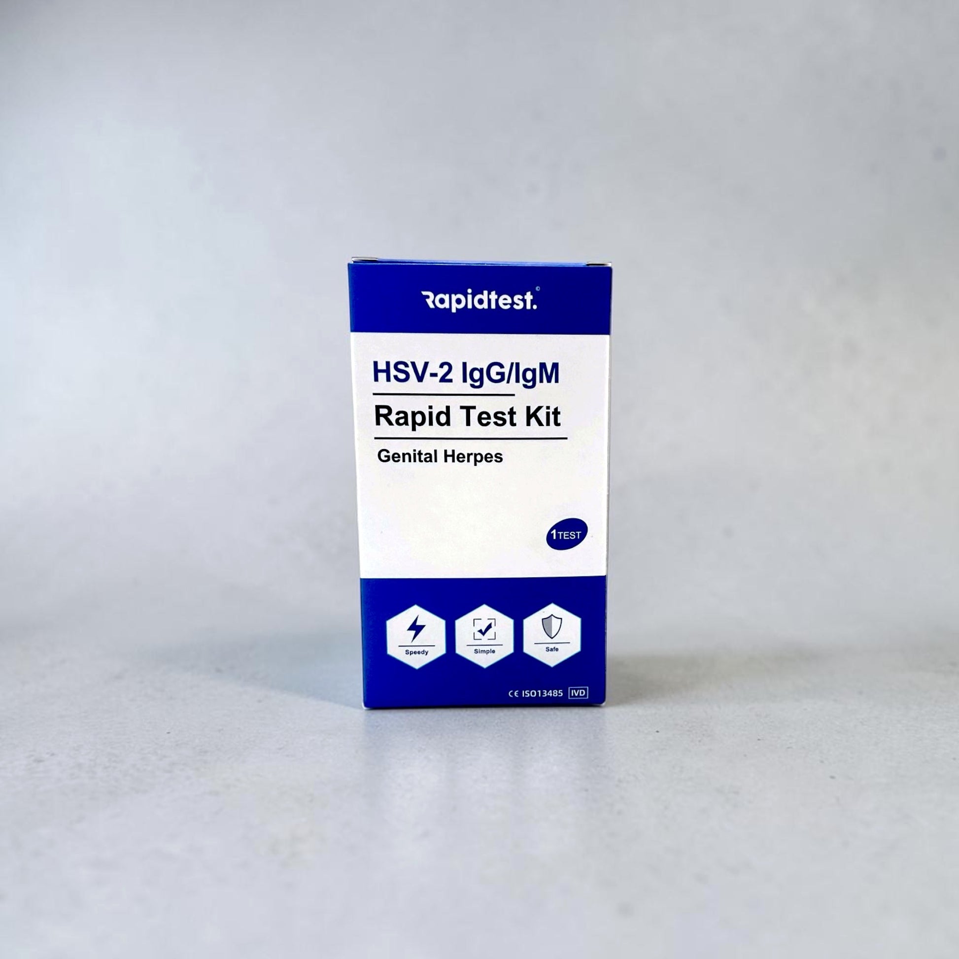 HSV-2 IgG/IgM Rapid Test Kit packaging on a white background. Test at home for genital herpes and get the results in 15 minutes - rapidtest.co