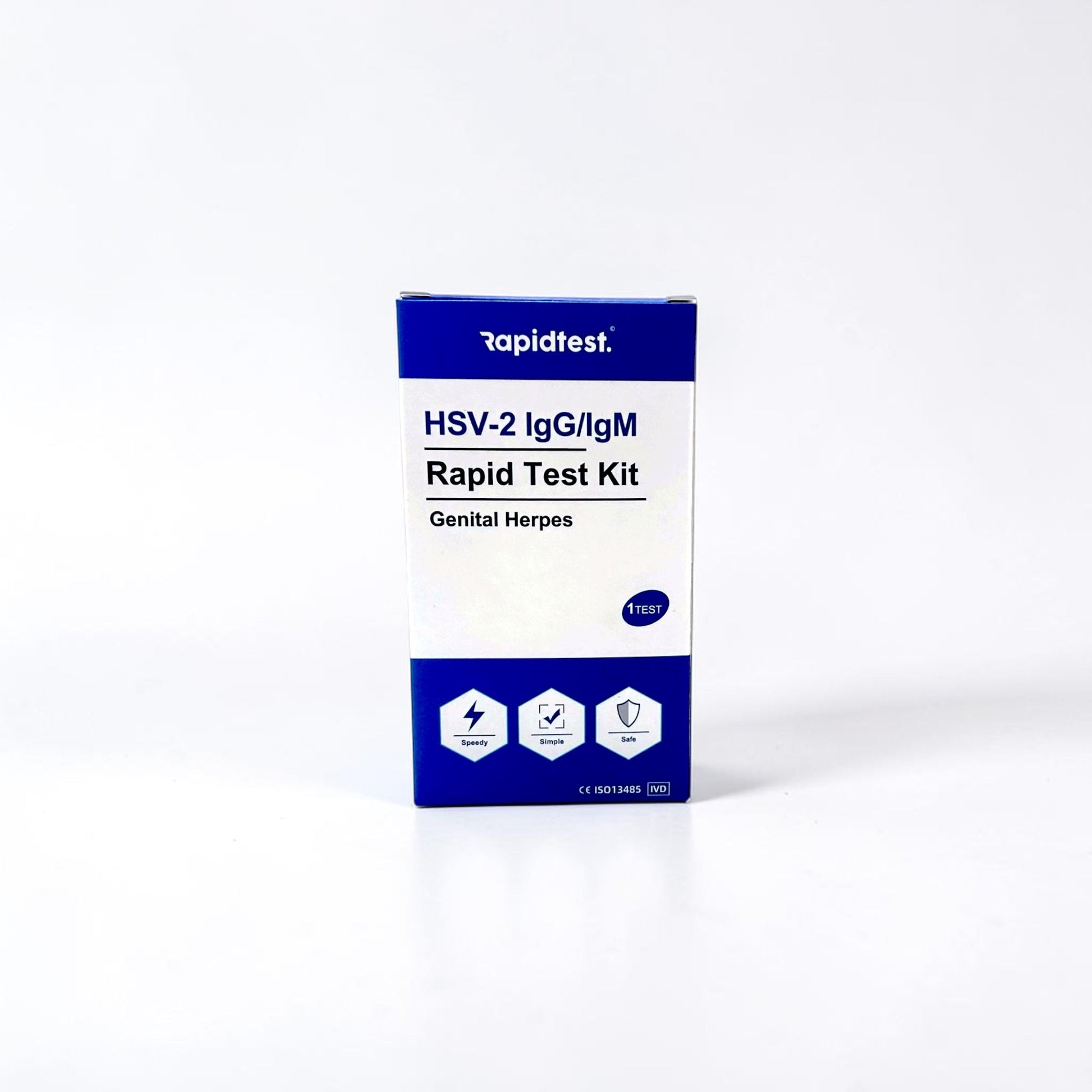 HSV-2 IgG/IgM Rapid Test Kit packaging on a white background. Test at home for genital herpes and get the results in 15 minutes - rapidtest.co