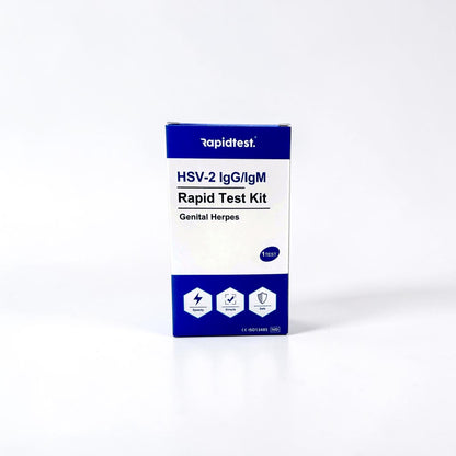 HSV-2 IgG/IgM Rapid Test Kit packaging on a white background. Test at home for genital herpes and get the results in 15 minutes - rapidtest.co