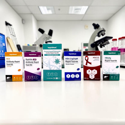 Collection of rapid test kit STI testing boxes in a laboratory setting with microscopes in the background.