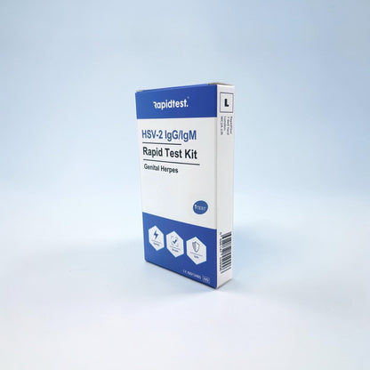 Rapidtest HSV-2 IgG/IgM Rapid Test Kit packaging on a light blue background