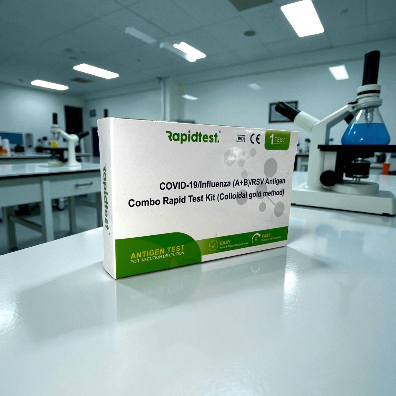 Rapidtest COVID-19/Influenza (A+B)/RSV Antigen Combo Rapid Test Kit on a laboratory counter.
