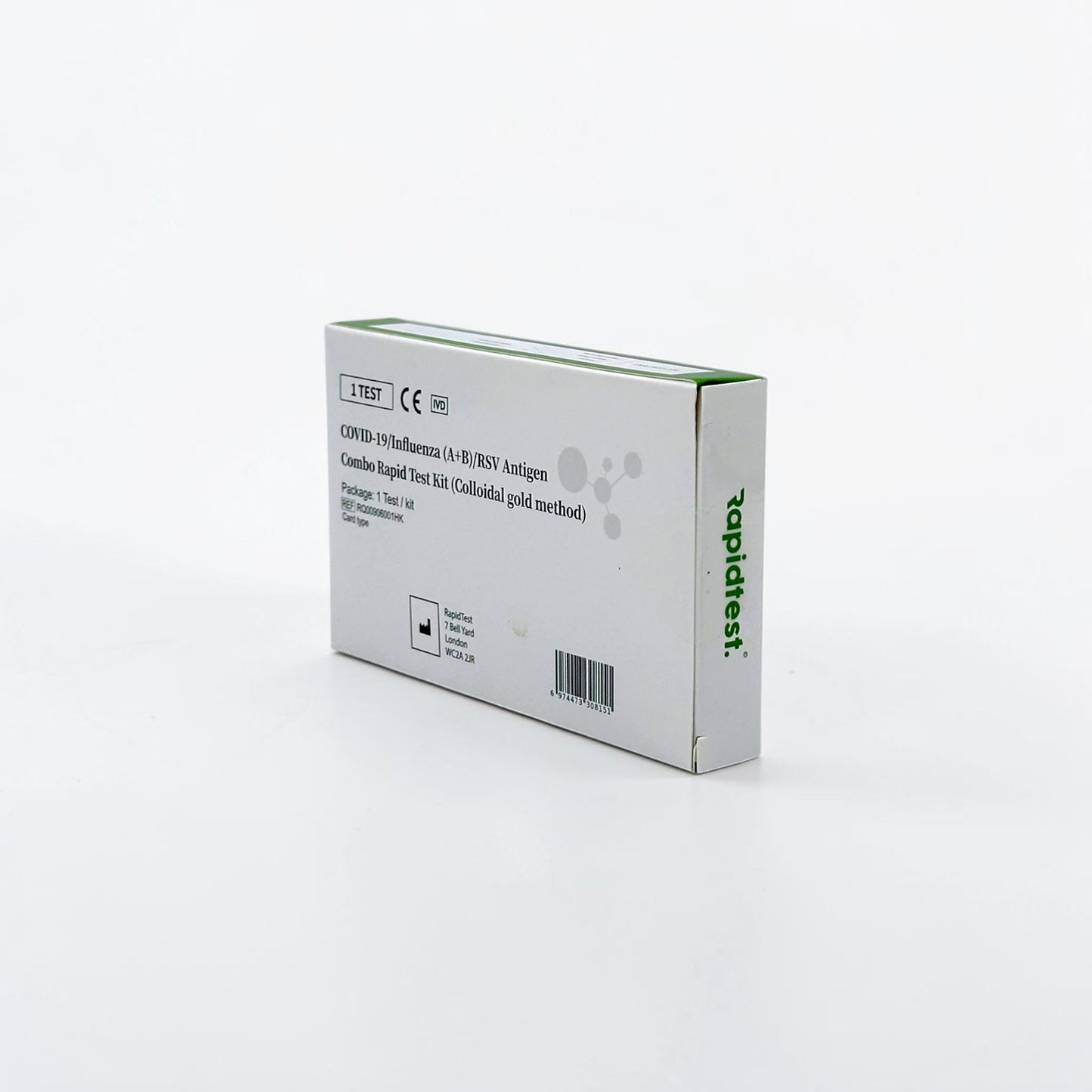 White box with green accents containing a COVID-19 test kit on a white background
