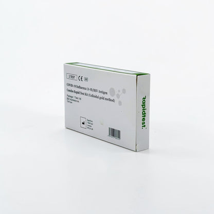 White box with green accents containing a COVID-19 test kit on a white background