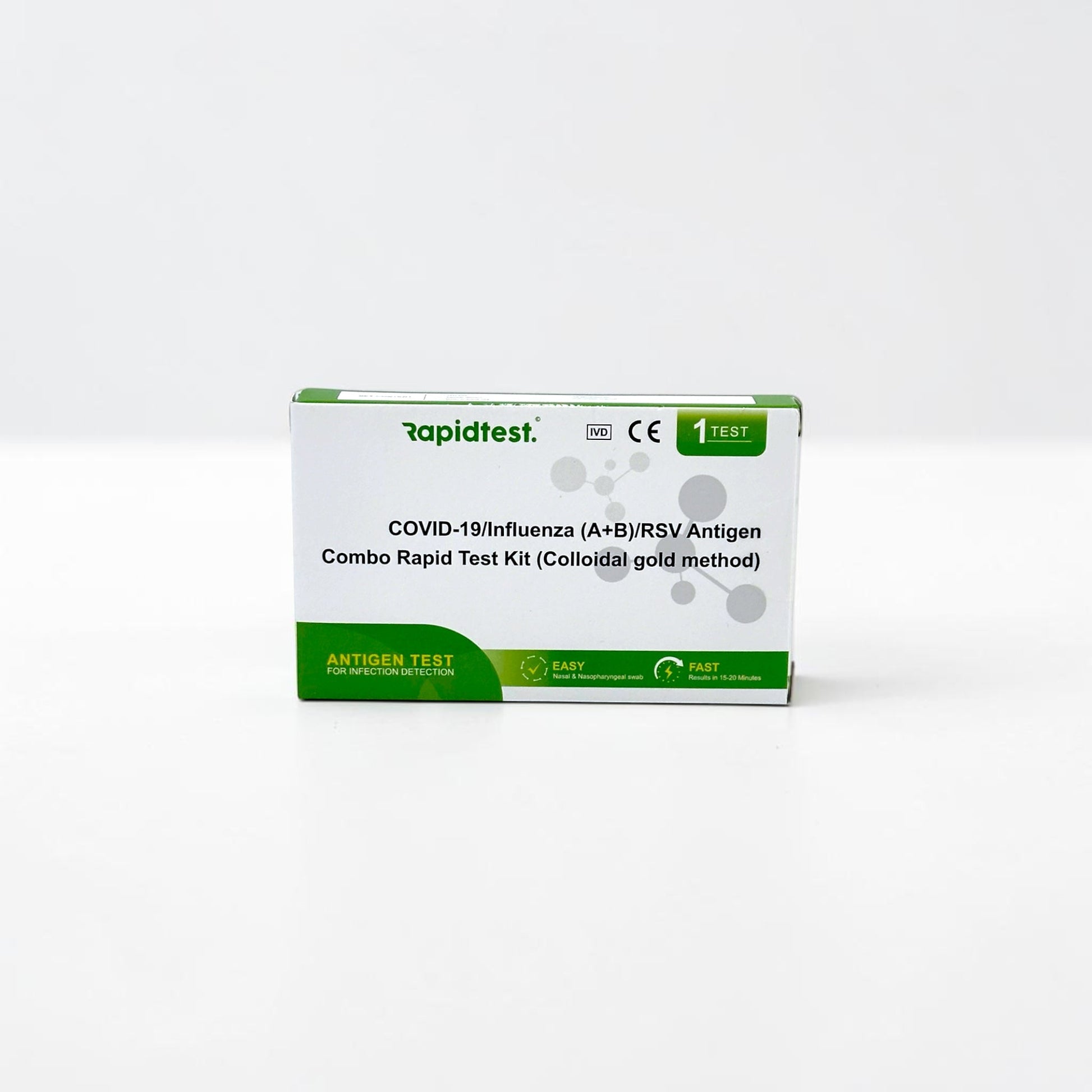Rapidtest COVID-19/Influenza (A+B)/RSV Antigen Combo Rapid Test Kit on a white background