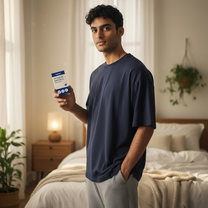 Man holding a genital herpes test kit container in a bedroom about to test at home for the STI/STD