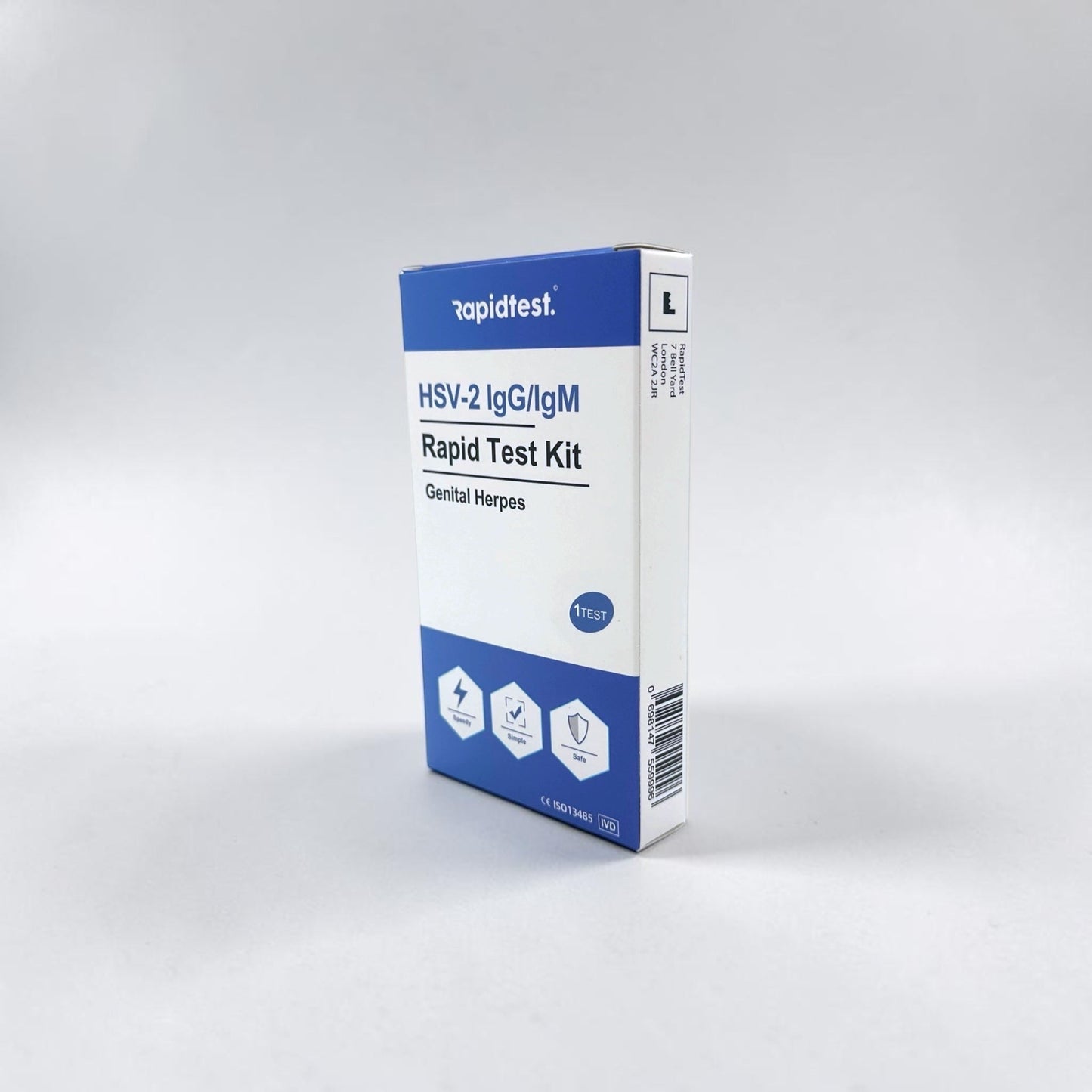 Rapid test kit box for HSV-2 IgG/IgM Rapid Test Kit on a white background. Test at home for common STI/STDs