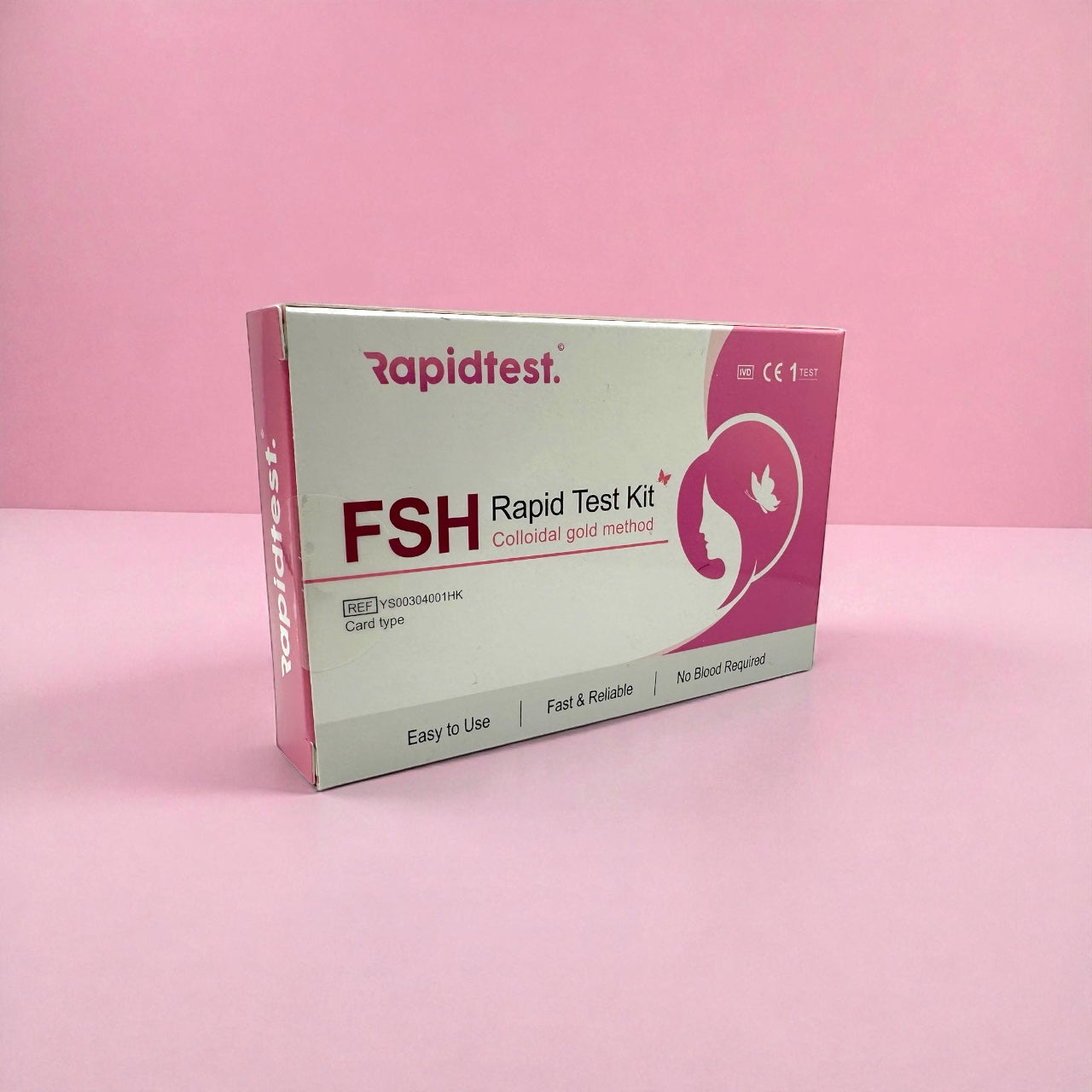 Rapidtest FSH Rapid Test Kit box on a pink background