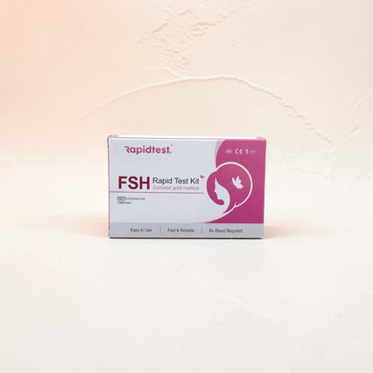 Rapidtest FSH (follicle-stimulating hormone) Rapid Test Kit box on a beige background - Fertility, Menopause and Perimenopause testing - rapidtest.co