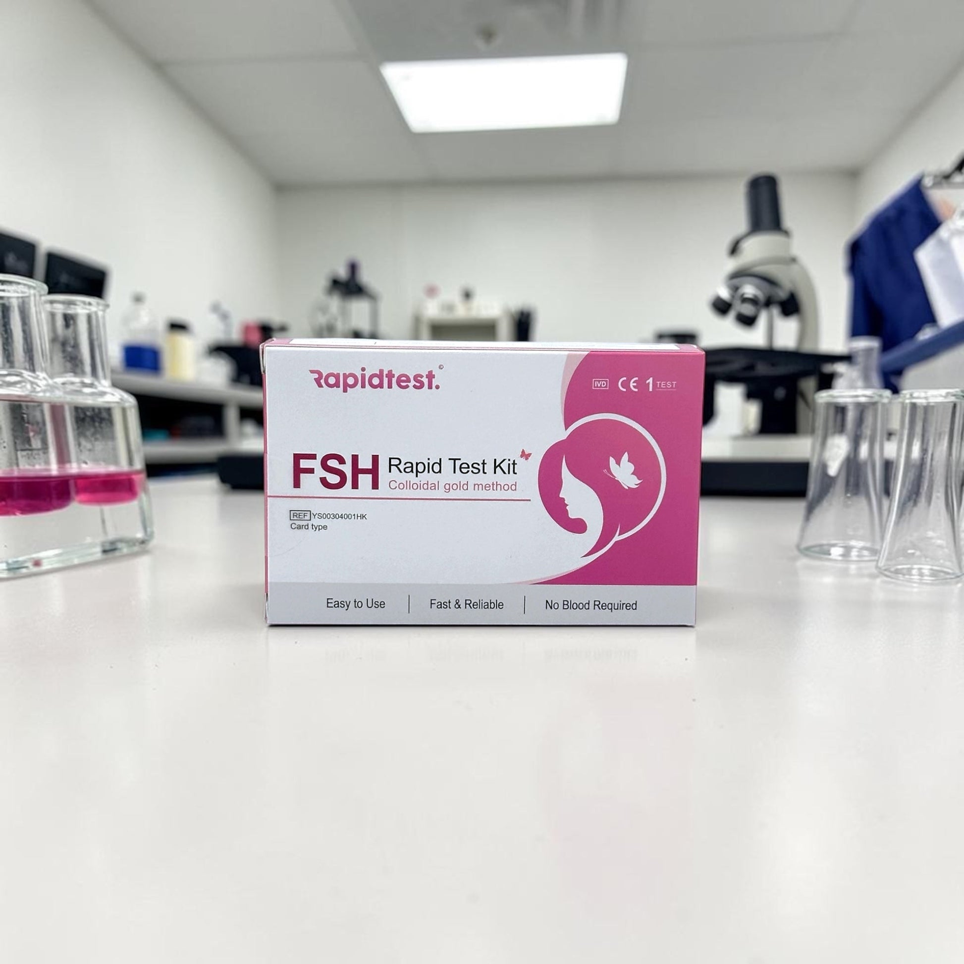 Rapidtest FSH (follicle-stimulating hormone) Rapid Test Kit box on a beige background - Fertility, Menopause and Perimenopause testing - rapidtest.co