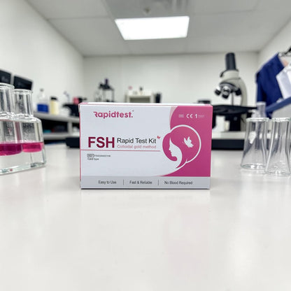 Rapidtest FSH (follicle-stimulating hormone) Rapid Test Kit box on a beige background - Fertility, Menopause and Perimenopause testing - rapidtest.co