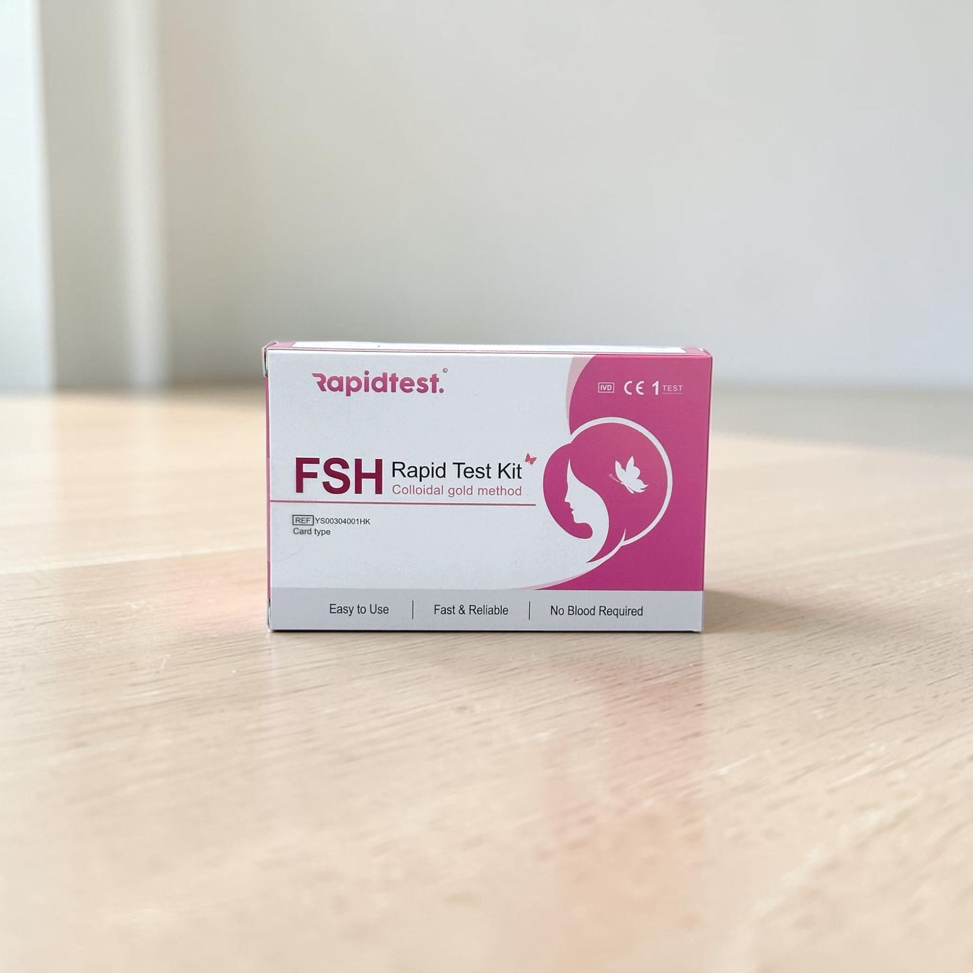 Rapidtest FSH (follicle-stimulating hormone) Rapid Test Kit box on a beige background - Fertility, Menopause and Perimenopause testing - rapidtest.co