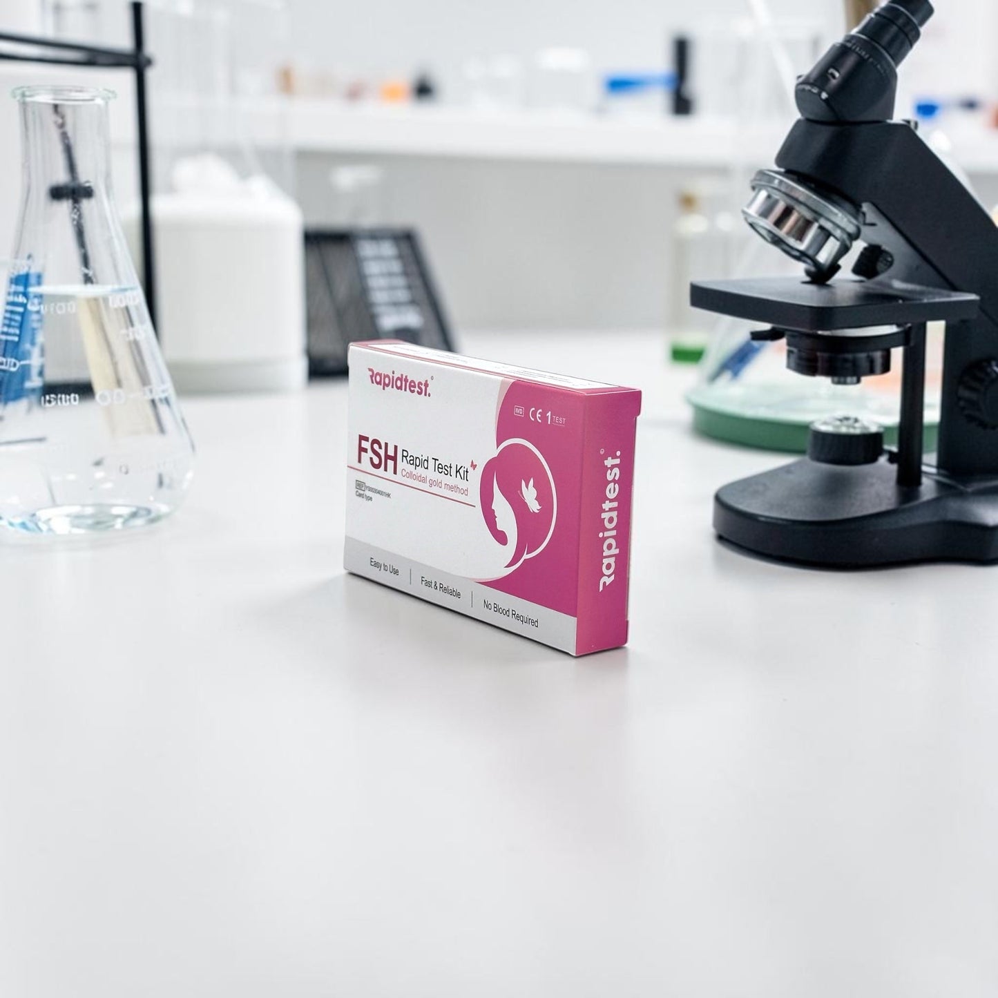 Rapidtest FSH (follicle-stimulating hormone) Rapid Test Kit box on a beige background - Fertility, Menopause and Perimenopause testing - rapidtest.co