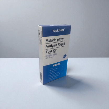 Malaria pfipv Antigen Test Kit box with 'STIhealthcheck' branding on a gray background