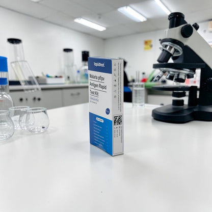 Malaria test kit box on a laboratory counter with a microscope in the background