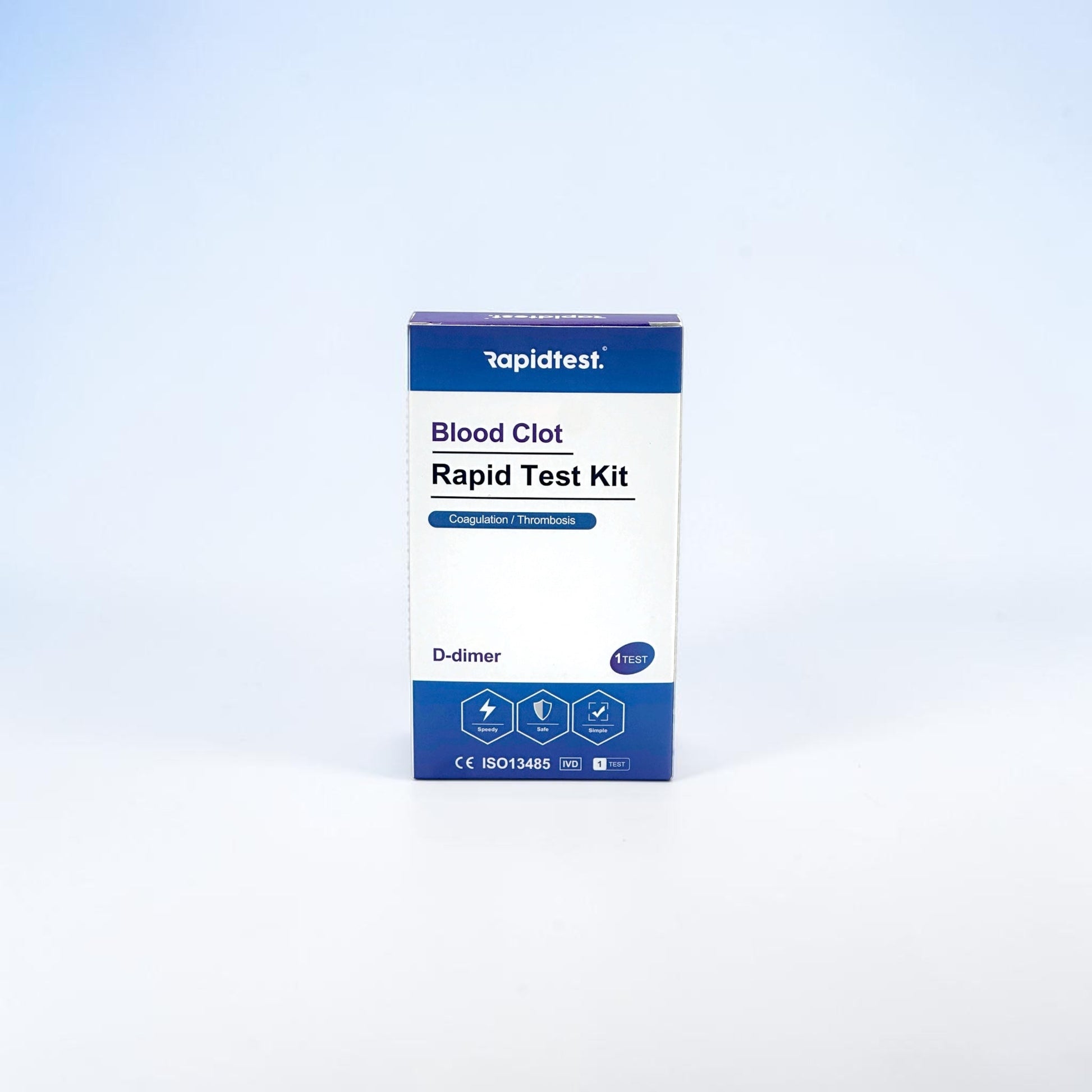Rapidtest Blood Clot Rapid Test Kit box on a light blue background - D-dimmer at home test kit - rapidtest.co