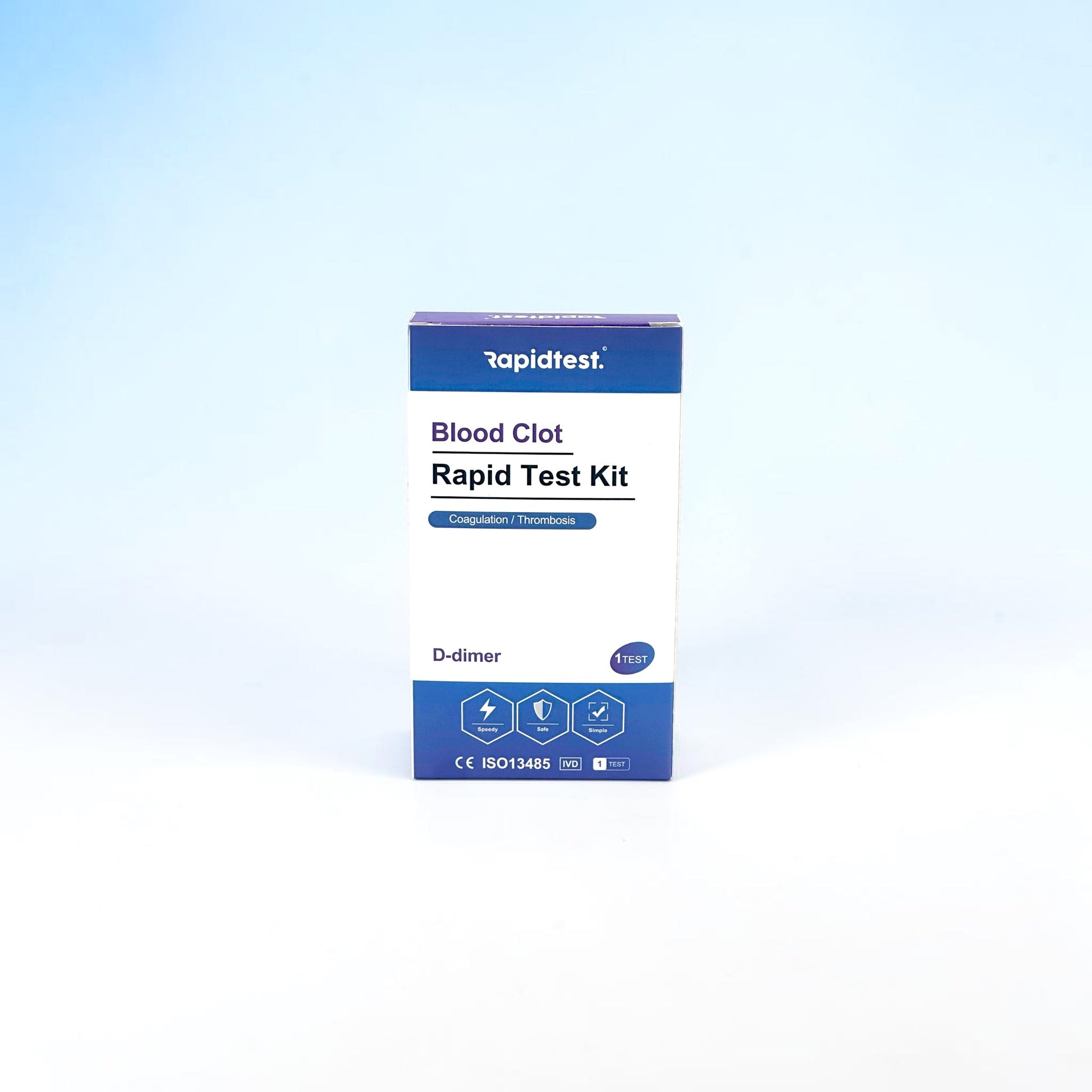 Rapidtest Blood Clot Rapid Test Kit box on a light blue background - D-dimer Test Kit