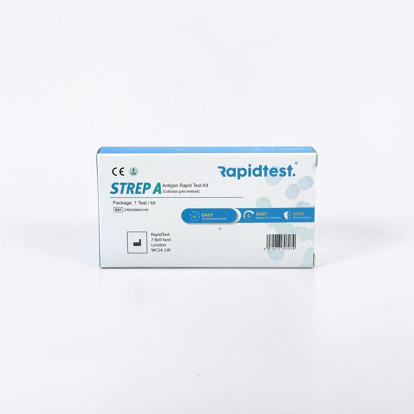Rapidtest Strep A antigen rapid test kit packaging on a white background