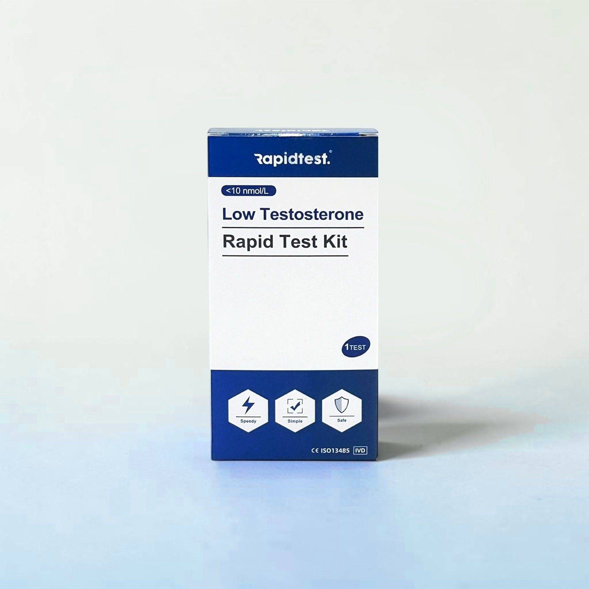 Rapidtest Low Testosterone Rapid Test Kit packaging on a white background
