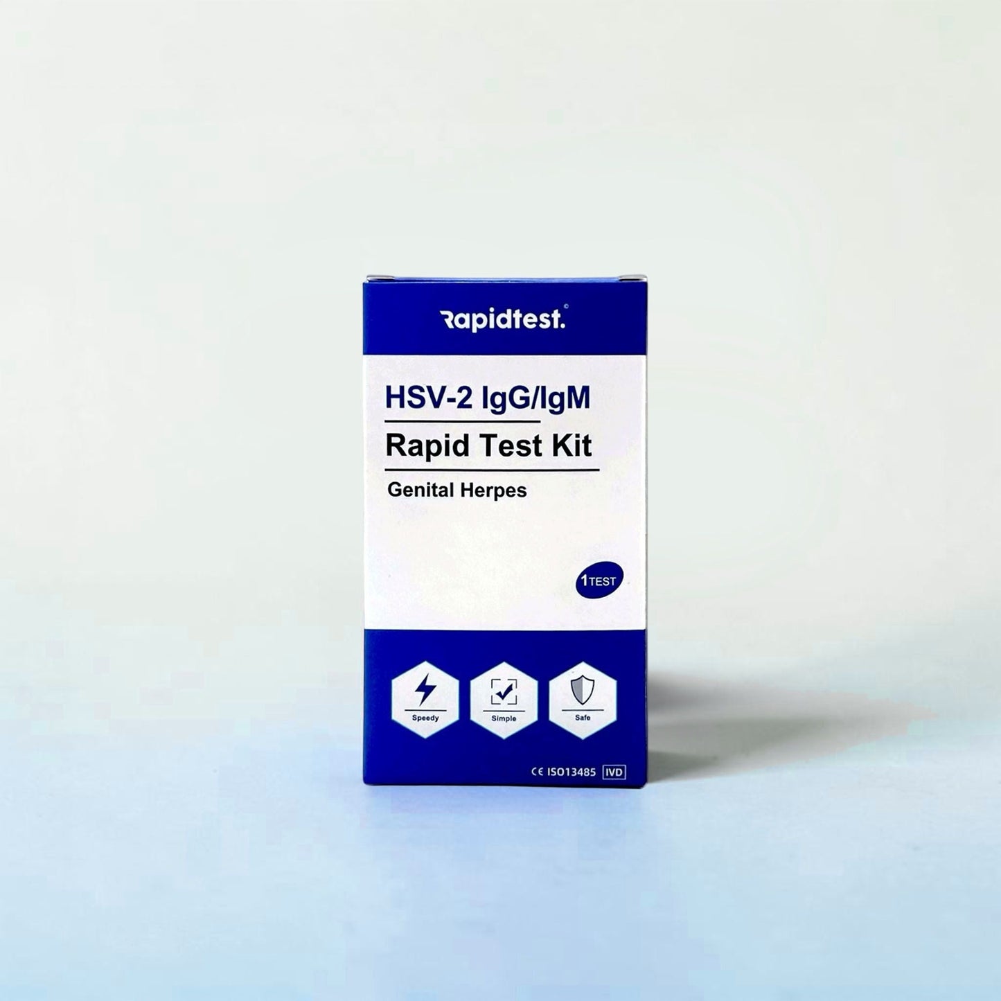 Rapid test kit for HSV-2 IgG/IgM Rapid Test Kit on a laboratory counter with a microscope and beakers. Buy an at-home genital herpes test kit - rapidtest.co
