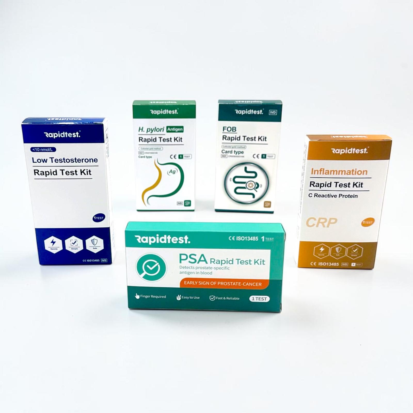 Mens Health MOT Testing - PSA, FOB Testosterone, Inflammation and H. pylori testing at home - 5-in-1 test kit - rapidtest.co